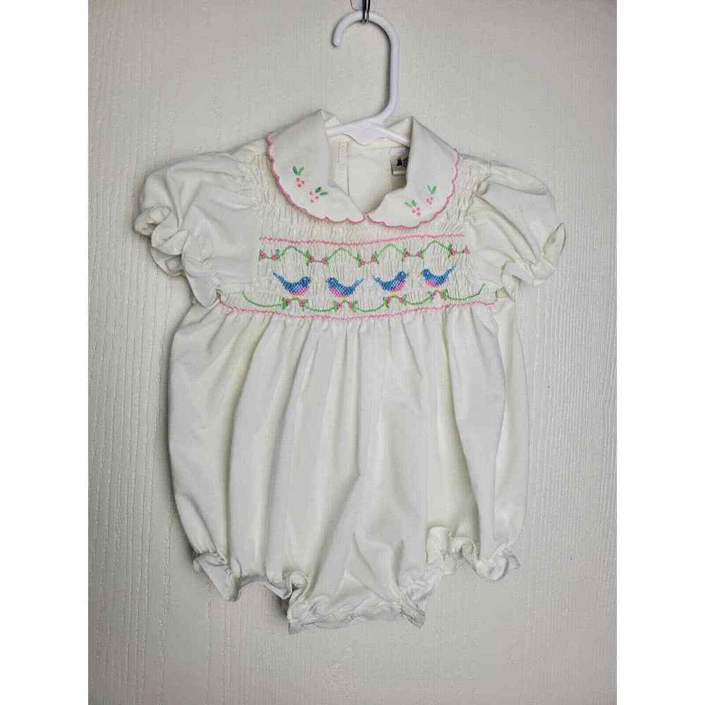 Vintage Baby Togs Girl Bubble Romper Smocked White 3 6 Months Birds 70's 80's